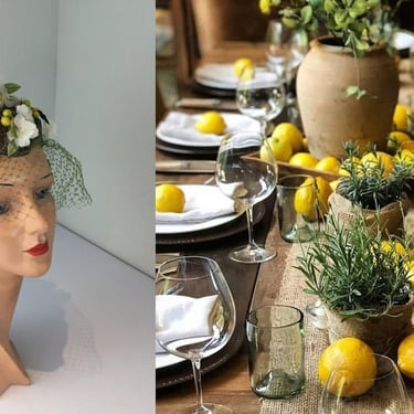 Tuscan Gardens  - Vintage 1960s White Gardenias & Mini Lemons Dome Floral Hat w/Green Veil - RARE 