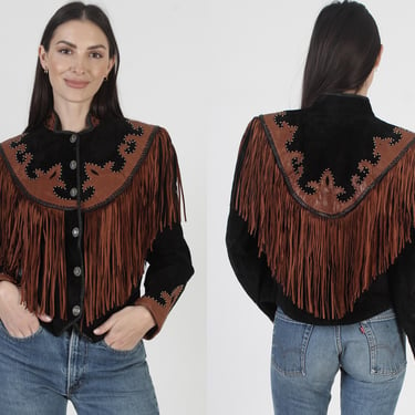 Diamond Leathers Western Fringe Jacket, Vintage 70s Black Cowboy Coat, Rancher Cropped Fit, Tag Size 6 