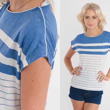 Blue White Striped Shirt 80s Cap Sleeve Blouse Koret Shirt Snap Shoulder Vintage Color Block Slim Fit Retro 1980s Small 