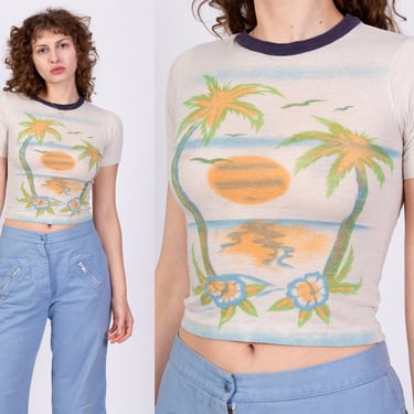 70s Tropical Island Graphic Ringer Tee - XXS | Vintage White Blue Burnout Cropped Beach T Shirt 