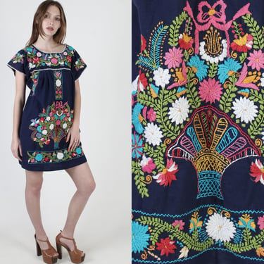 Navy Blue Mexican Dress Hand Embroidered Beach Cover Up Vintage Bright Floral Ethnic Fiesta Womens Flutter Sleeve Mini Dress 