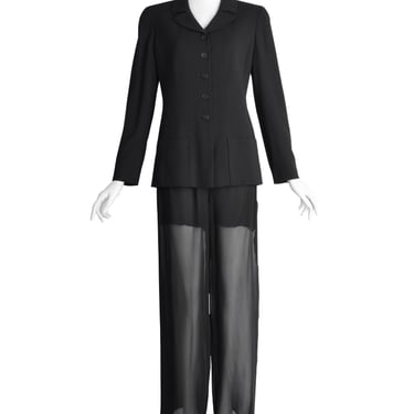 Chanel Vintage Cruise 1998 Black Jacket and Sheer Silk Chiffon Pants Suit