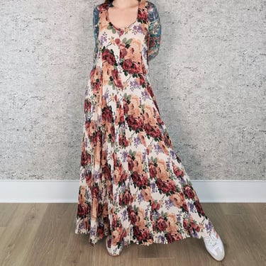 Lightweight Floral Print Sleeveless Vintage Scrunchy Maxi Dress 