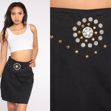 Black Studded Mini Skirt 90s Pencil Skirt High Waisted Western Rocker Wiggle Gothic Retro High Waist Goth Rock Party Vintage 1990s Small S 