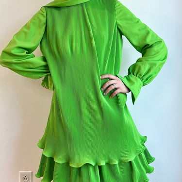 60’s Lime Green Miss Elliette Plisse Accordion Pleated Layered Mini Dress