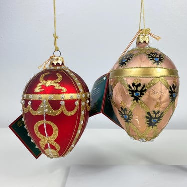 Vintage Forbes Collection Faberge Glass Egg Ornament set of 2, Xmas European Glass Collection, Imperial Rosebud Egg, Imperial Coronation Egg 