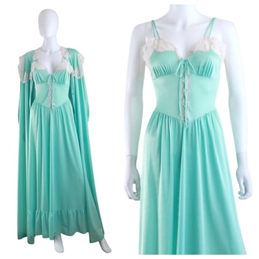 STUNNING 1970s Mint Green Nylon and Ivory Lace Negligee & Peignoir Set - Vintage Peignoir Set - Corset Lace Up Negligee | Size Small / Med 