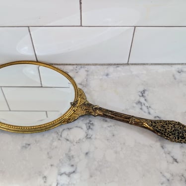 Vintage Antique Ornate Gold Handheld Mirror 