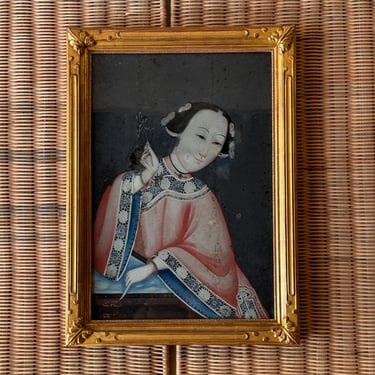 19th C. Chinese Export Reverse Painting on Glass Portrait of a Woman in Pink