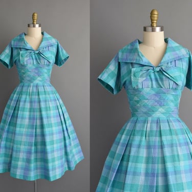 vintage 1950s dress | Jonathan Logan Blue Plaid Print Full Skirt Cotton Dress | Medium | 50s dress 