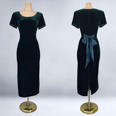 VINTAGE 90s Dark Green Stretch Velvet Midi Dress with Bow Back sz 10 | 1990s Tie Back Party Dress | VFG 