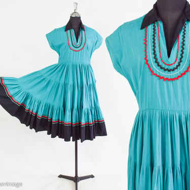 1950s Turquoise Patio Dress | 50s Blue Fiesta Patio Dress | Medium 