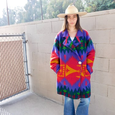 Taos Blanket Coat // wool boho hippie jacket dress aztec southwest southwestern oversize 70s 80s red // O/S 