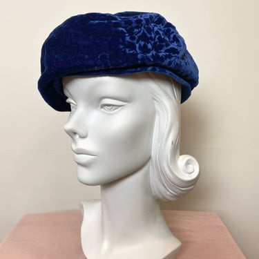 Vintage Hat 1950s Blue Velvet 50s Beret Ivy Pattern 
