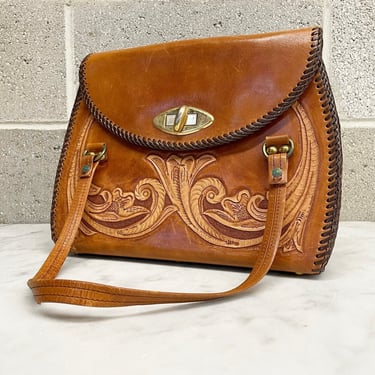 Tooled Leather Handbag Retro 1970s Hand Made + Floral Design + Camel Brown + Embossed + Purse + Women's Accessory 