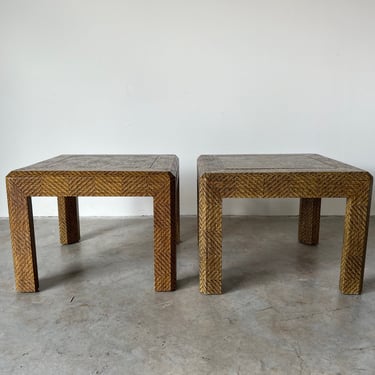 Harrison Van Horn- Style Raffia and Brass Square Side Tables - a Pair 