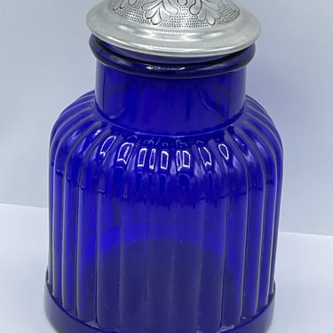 Vintage Artland Glassware Kitchen Canisters Cobalt blue Glass Glass Pewter Scroll Lid- 10.5" 