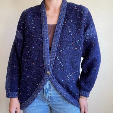 Vintage 80s Womens Navy Blue Chunky Knit Wool Blend Oversized Cardigan Sz M 