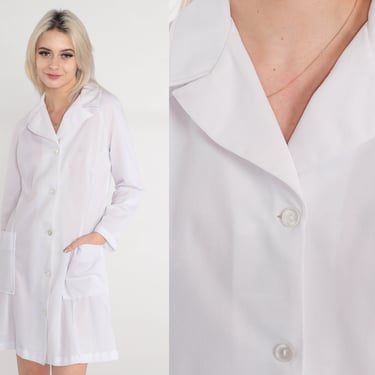 Nurse Uniform Dress 60s 70s Mini White Dress Shift Vintage 1960s MOD Boho 1970s Long Sleeve Button Up Dress Shirtdress Costume Medium 