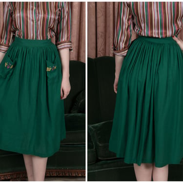 1930s Skirt - Vintage Late 30s/ Early 40s Skirt in Soft Teal Green Cotton with Sweet Embroidered Patch Pockets 