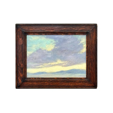 Small Skyscape Painting in Oil on Canvas in Original Arts & Crafts Oak Frame