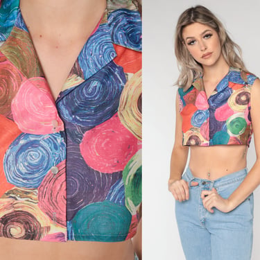 70s Cropped Shirt Psychedelic Blouse Crop Top Bohemian SWIRL PRINT Button Up Disco Top Boho Hippie 1970s Sleeveless Seventies Small S 