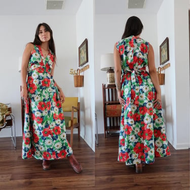 Vintage 60's 70's Floral Tie Back Maxi Dress 