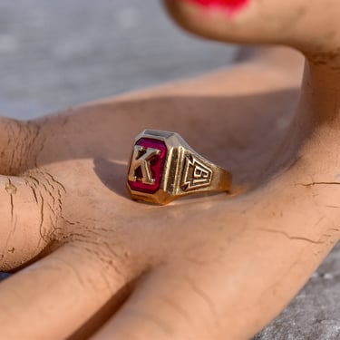 1960 10K Red Spinel Class Ring, Initial K Yellow Gold Signet Ring, Winston High School, 5 3/4 US 