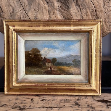 Antique European Oil Painting, Mountain Cottage Landscape 