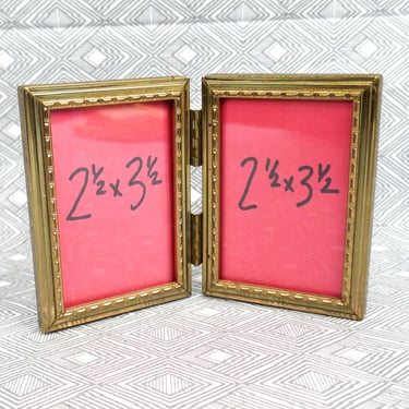 Small Vintage Hinged Double Picture Frame - Gold Tone Metal w/ Glass - Holds Two Wallet Size 2 1/2" x 3 1/2" Photos - 2x3 Frames 