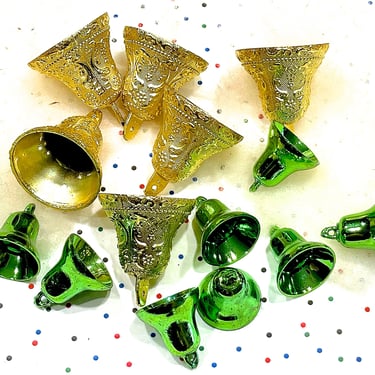 VINTAGE: 14pcs - Gold and Green Metallic Plastic Bells - Small Ornaments - Holiday Crafts, Corsage, Picks, Stems - SKU 00040068 