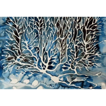 Purkinje Cell in Indigo and Black - original ink painting of brain cell - neuroscience art 