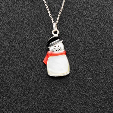 90's sterling MOP enamel smiling snowman pendant, cute SU 925 silver Mother of Pearl winter kitsch necklace 