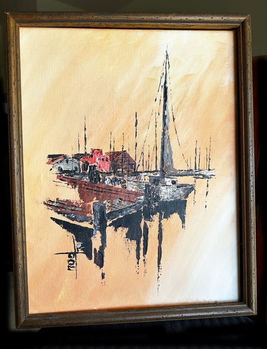 Vintage Oil Painting Signed Jasper deals Cityscape Beach Boats Nautical Framed 19