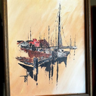 Vintage SIGNED Mid Century 1950's, 1960's OIL PAINTING Boats Marina Sea Ocean  14X18" Peach Warm Sunset Water S. California Art 