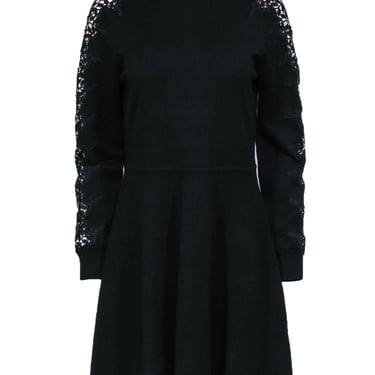 Eliza J - Black Knit Fit &amp; Flare Dress w/ Lace Sleeve Details Sz L