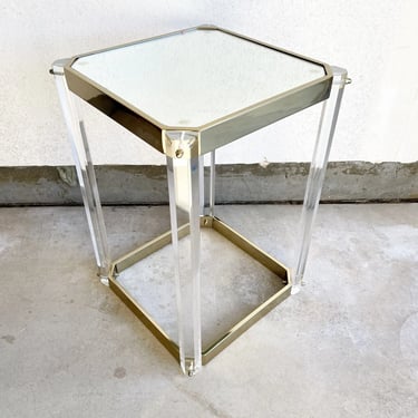 Vintage Hollywood Regency Art Lucite Brass Mirror Plant Stand Side Table MCM