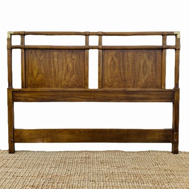 Vintage Queen Headboard by Drexel Accolade with Gold Brass Details - MidCentury Campaign Style Wood Bedroom Furniture 