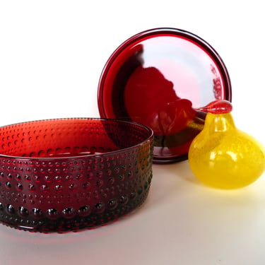 Ittala Kastehelmi Dewdrop Red Lidded Bowl, Oiva Toikka Glass Ruby Red Glass Jar 