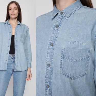 XS-S 90s Calvin Klein Chambray Pocket Shirt Petite | Vintage Long Sleeve Collared Denim Button Up Top 
