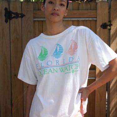 90's Vintage Florida Ocean Watch Tshirt / 90's Cotton T-shirt / Lifeguard Boat Ocean Beach Tee 