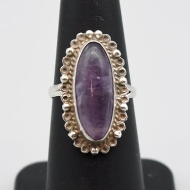 60's Mexico 925 silver amethyst size 6 solitaire, ornate Eagle 3 sterling oval purple cab hippie ring 