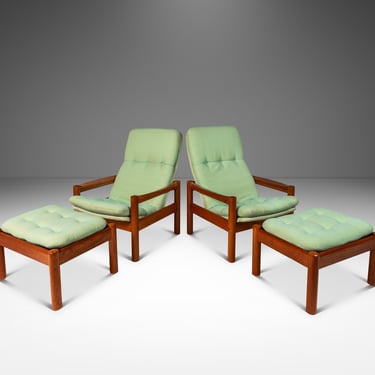 Set of Two ( 2 ) Danish Mid-Century Modern Lounge Chairs w/ Matching Ottomans in Solid Teak by Domino Møbler, Denmark, c. 1970's 