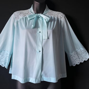 blue lace bed jacket aqua nylon short peignoir large 