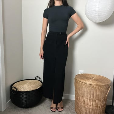 vintage 90s black faux suede minimalist front slit trouser maxi skirt by express 