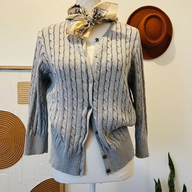 90s Eddie Bauer Grey Chunky Cable Cotton Knit Classic Cardigan Sweater 