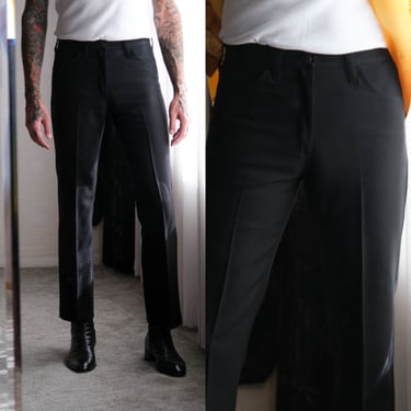 Vintage 70s Wrangler Black Sta Prest Bootcut Pants | Made in USA | Size 33x30 | 100% Polyester | 1970s Wrangler Designer Flare Leg Pants 