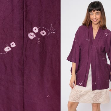 Purple Silk Kimono Robe 70s Floral Embossed Jacket Open Front Boho Retro Asian Inspired Seventies Hippie Festival Vintage 1970s Small Medium 