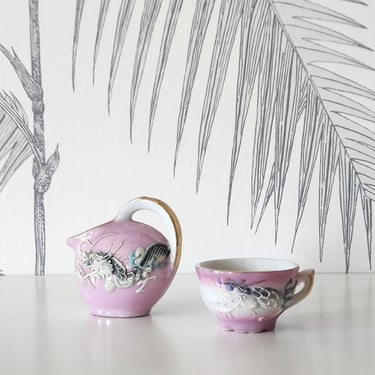 Vintage Tea Cup and Tea Pot, Souvenir, Dragon Motif, Texture Relief, Pink and Gold, made in Japan, circa 30's 