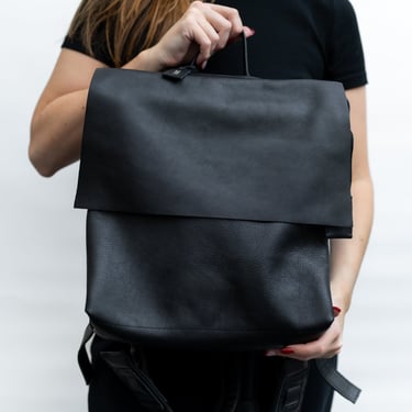 Black Leather Square Backpack